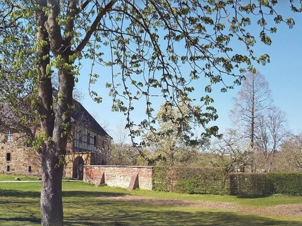 Burganlage mit historischen Gebäuden und gepflegter Gartenanlagen, umgeben von grünen Bäumen.
