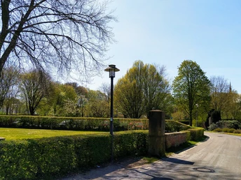 Kloster Herzebrock Ein idyllischer Parkweg, von Bäumen gesäumt, führt zu einer Kirche mit spitzem Turm im Hintergrund.