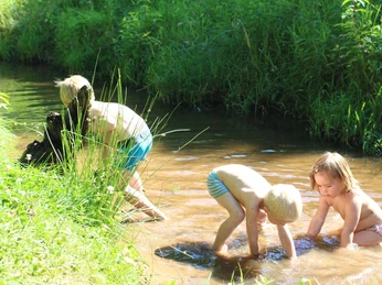 Drei Kinder spielen fröhlich im seichten Wasser eines kleinen, mit Gras umgebenen Bachs.