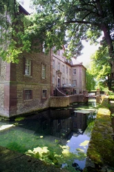 Schloss Welda Altes Schloss mit Sandsteinfassade, umgeben von Wassergraben und Bäumen, reflektierend im Wasser.