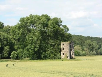 Ein alter Steinturm steht umgeben von Feldern und üppigen Bäumen unter einem klaren Himmel.