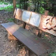 Holzbank auf dem Mythenweg Herlingsburg in einem Wald, mit einer Infotafel zu lokalen Sagen.