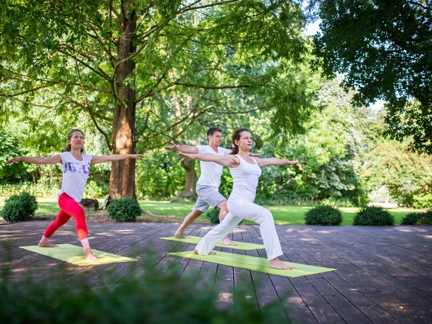 Yoga im Park von HolsingVital Menschen praktizieren Yoga auf einer Holzterrasse im Park, umgeben von Bäumen und grüner Natur.