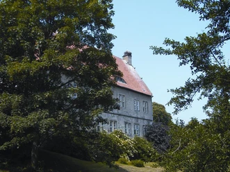 Steinerne Burg mit roten Dachziegeln umgeben von üppigen Bäumen im sommerlichen Licht.