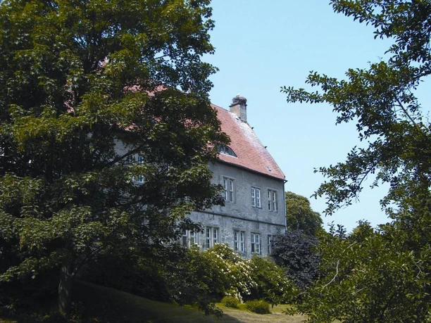 Steinerne Burg mit roten Dachziegeln umgeben von üppigen Bäumen im sommerlichen Licht.