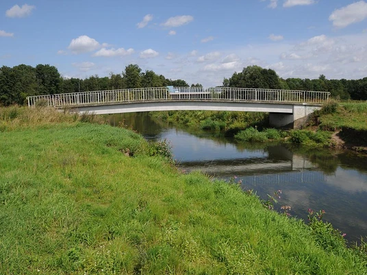 Eine moderne Stahlbrücke überquert einen ruhigen Fluss in einer grünen, von Bäumen gesäumten Landschaft.