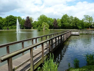 Holzsteg überquert einen Teich mit Fontäne im Steinmeisterpark, umgeben von Bäumen und blauem Himmel.