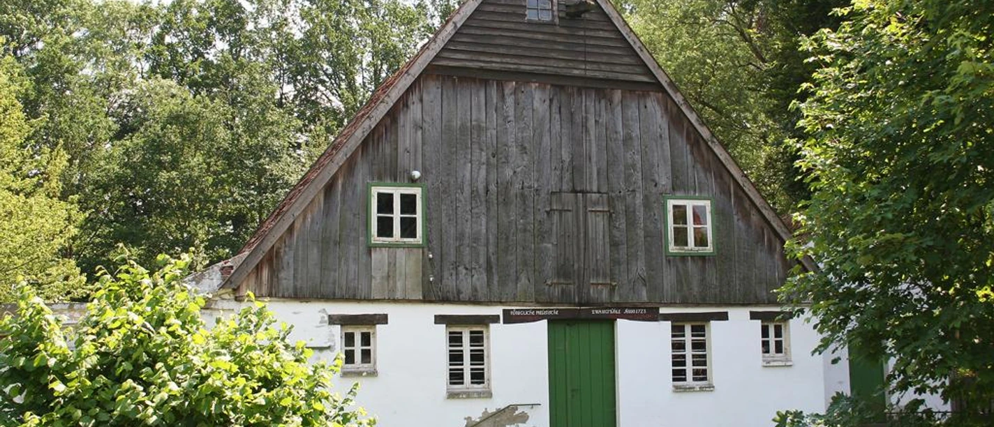 Alte Wassermühle in ländlicher Umgebung, halb Fachwerk, halb gemauert, flankiert von Bäumen.