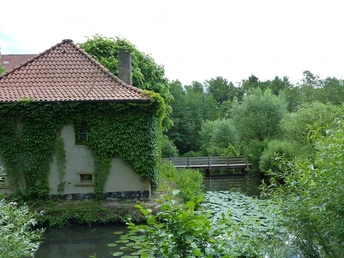 Ein von Efeu bewachsenes Gebäude an einem Gewässer mit einer kleinen hölzernen Brücke im Grünen.