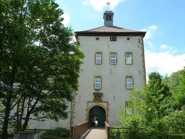 Gut Bustedt Historisches Herrenhaus Gut Bustedt mit mittlerem Turm, umgeben von üppigem Grün unter blauem Himmel.