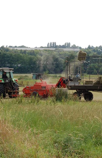 Ein Traktor zieht eine Heupresse über ein Feld, während ein großer Anhänger mit gepresstem Heu beladen wird.