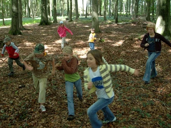 Kinder rennen und spielen fröhlich in einem Wald mit dicht bewachsenen Bäumen im Hintergrund.