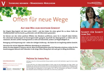 VitalWanderWelt Wanderweg Merlsheim - Offen für neue Wege Wanderweg in Merlsheim bietet 8 Kilometer lange Strecke mit 98 Höhenmetern, ideal für Fitnessbegeisterte.