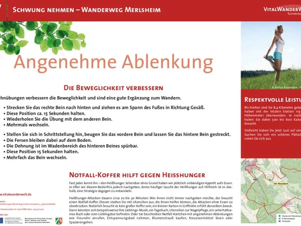 VitalWanderWelt Wanderweg Merlsheim - Angenehme Ablenkung Ein grüner Wanderweg in Merlsheim sorgt durch Dehnübungen für verbesserte Beweglichkeit beim Gehen.