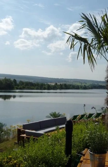 Freizeitanlage Godelheim mit Strandbar Palmen und Holzmöbel an einem Seeufer mit bewölktem Himmel und einer Liegewiese im Hintergrund.