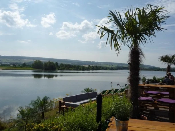 Freizeitanlage Godelheim mit Strandbar Palmen und Holzmöbel an einem Seeufer mit bewölktem Himmel und einer Liegewiese im Hintergrund.