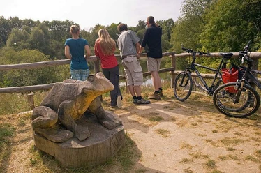 Vier Personen betrachten von einem Geländer aus einen Teich. Ein hölzerner Frosch und Fahrräder sind sichtbar.