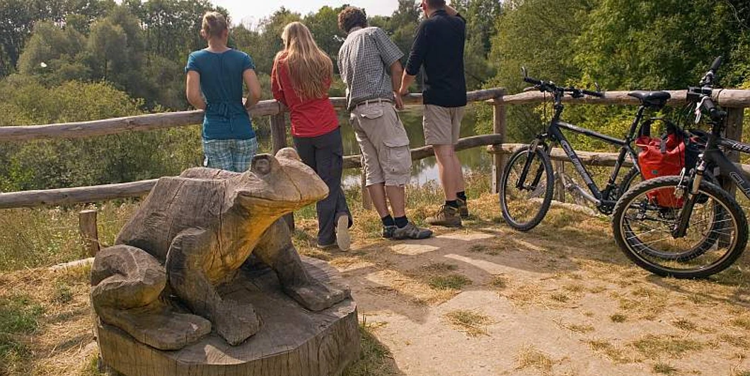 Vier Personen betrachten von einem Geländer aus einen Teich. Ein hölzerner Frosch und Fahrräder sind sichtbar.