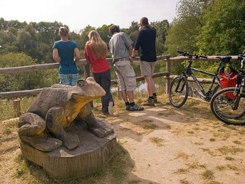 Steinheim_Erlesene_Natur_Blick_in_die_Tongruben_bei_Nieheim__Stefan_Krooss_Kulturland_Kreis_Hoexter Vier Personen betrachten von einem Geländer aus einen Teich. Ein hölzerner Frosch und Fahrräder sind sichtbar.
