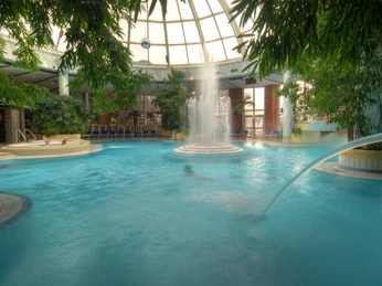 Ein großer Innenpool mit einer Wasserfontäne in der Mitte, umgeben von grüner Bepflanzung.