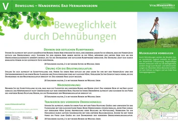 Informationstafel zum Wanderweg Bad Hermannsborn mit Übungen zur Beweglichkeit durch Dehnen.