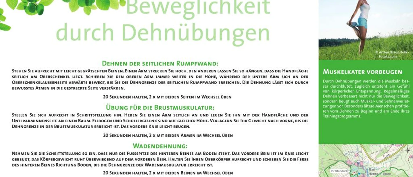 Informationstafel zum Wanderweg Bad Hermannsborn mit Übungen zur Beweglichkeit durch Dehnen.