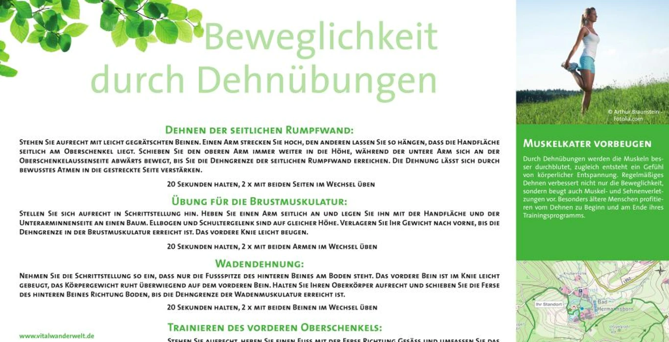 VitalWanderWelt Wanderweg Bad Hermannsborn - Beweglichkeit durch Dehnübungen Informationstafel zum Wanderweg Bad Hermannsborn mit Übungen zur Beweglichkeit durch Dehnen.