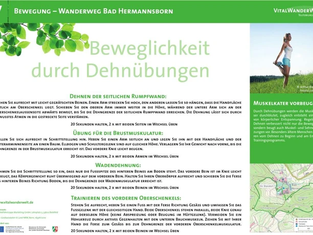 VitalWanderWelt Wanderweg Bad Hermannsborn - Beweglichkeit durch Dehnübungen Informationstafel zum Wanderweg Bad Hermannsborn mit Übungen zur Beweglichkeit durch Dehnen.