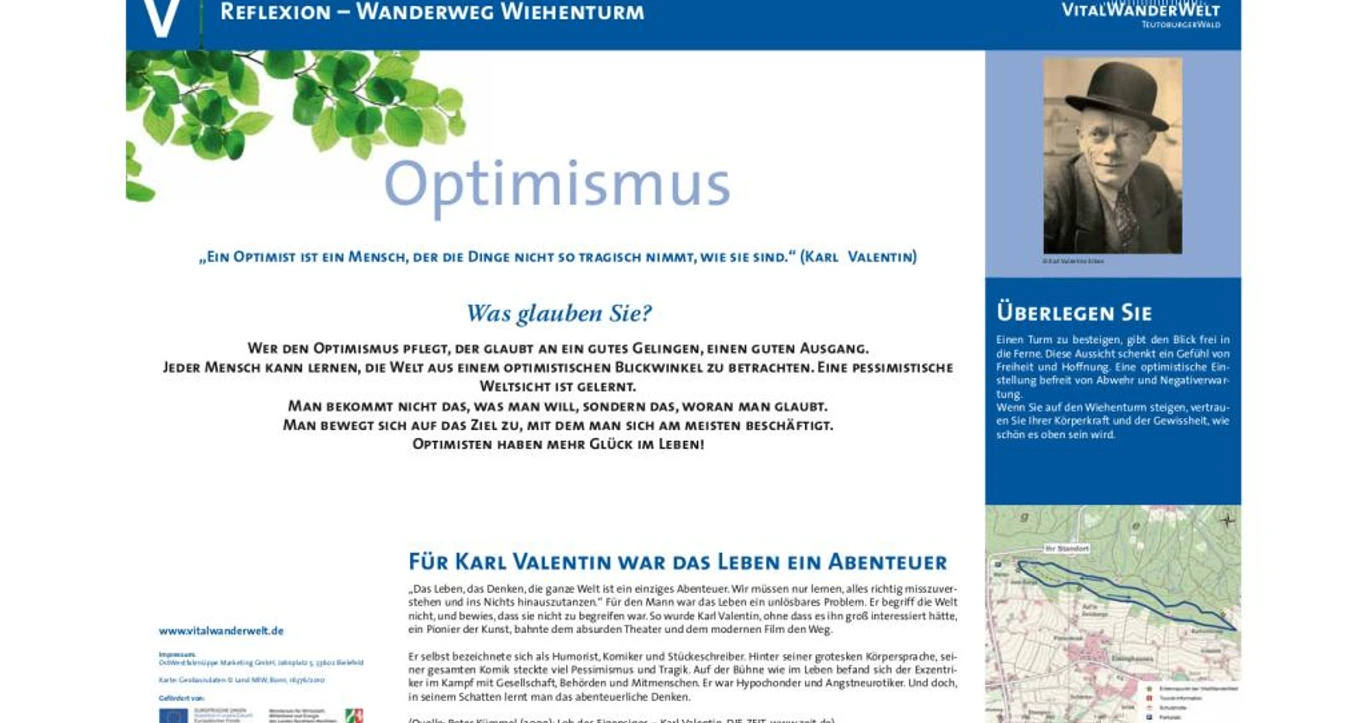 VitalWanderWelt Wanderung Wiehenturm - Optimismus Wandertafel mit Zitaten und Gedanken zum Thema Optimismus, inspiriert von Karl Valentin.