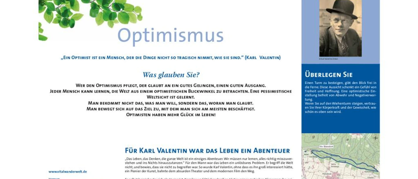 VitalWanderWelt Wanderung Wiehenturm - Optimismus Wandertafel mit Zitaten und Gedanken zum Thema Optimismus, inspiriert von Karl Valentin.