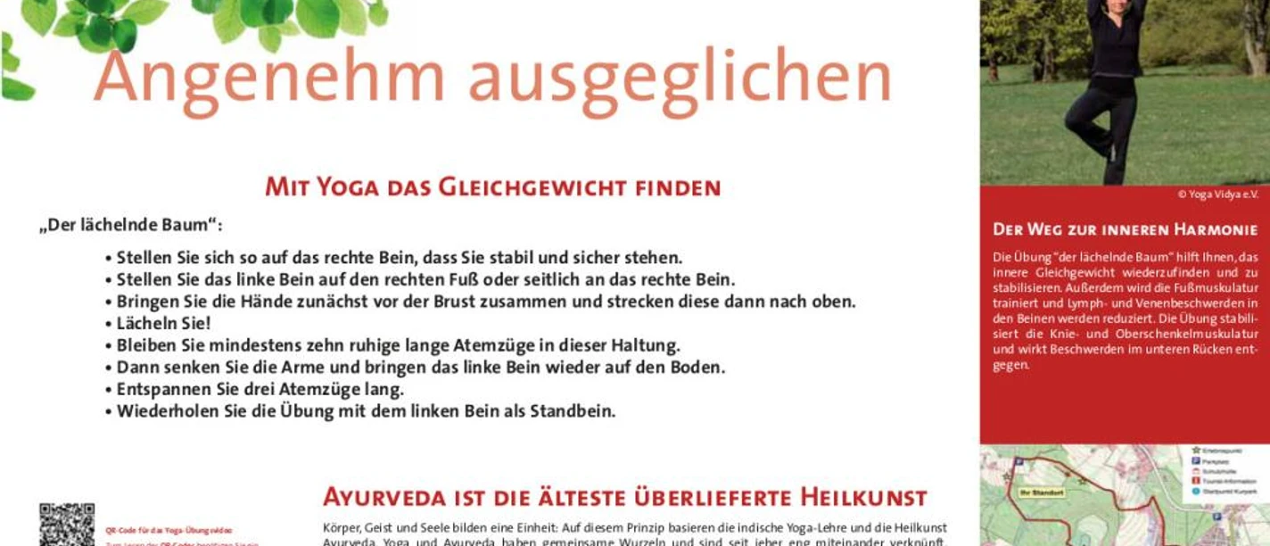VitalWanderWelt Wanderweg Maßbruch - Angenehm ausgeglichen Plakat des VitalWanderWelt Wanderweges Maßbruch, mit Yoga-Übungen zur Förderung des Gleichgewichts.