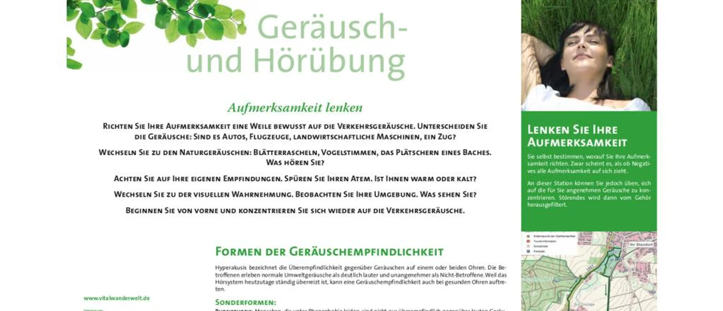 VitalWanderWelt Wanderweg Mühlenbachtal - Aufmerksamkeit lenken Beschreibung eines Wegweisers mit Informationen zum VitalWanderWelt Wanderweg Mühlenbachtal.