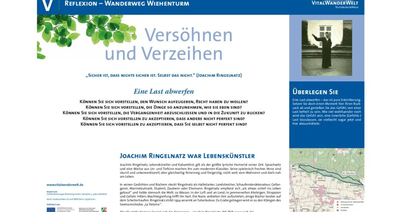 VitalWanderWelt Wanderung Wiehenturm - Versöhnen und Verzeihen Wanderwegplakat beim Wiehenturm mit Themen zu Vergebung und Reflexion, inklusive Zitat von J. Ringelnatz.