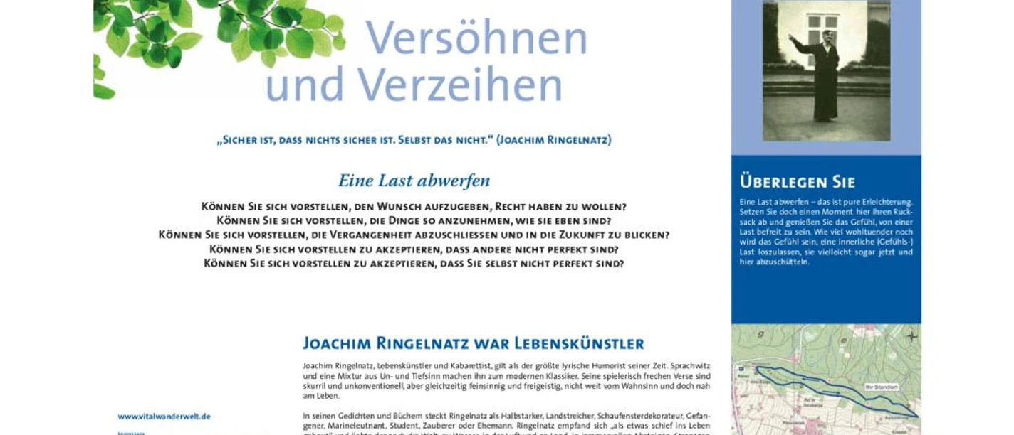 VitalWanderWelt Wanderung Wiehenturm - Versöhnen und Verzeihen Wanderwegplakat beim Wiehenturm mit Themen zu Vergebung und Reflexion, inklusive Zitat von J. Ringelnatz.
