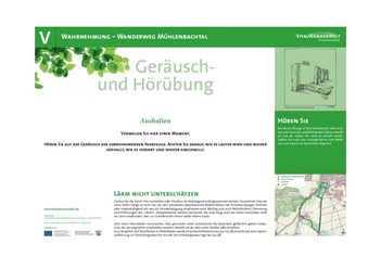 VitalWanderWelt Wanderweg Mühlenbachtal - Aushalten Wegweisung zum Wandern im Mühlenbachtal mit Fokus auf Geräusche, Kartendetails unten rechts.