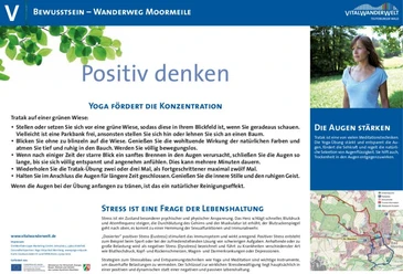 VitalWanderWelt Wanderweg Moormeile - Positiv denken Informationstafel des Wanderwegs "VitalWanderWelt Moormeile" mit Tipps für positive Gedanken.