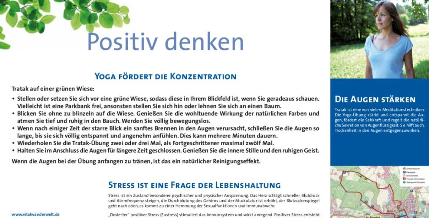 VitalWanderWelt Wanderweg Moormeile - Positiv denken Informationstafel des Wanderwegs "VitalWanderWelt Moormeile" mit Tipps für positive Gedanken.