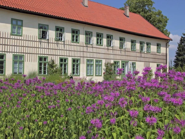 Glashütte Gernheim: Herrenhaus Herrenhaus der Glashütte Gernheim, historisches Gebäude mit rotem Dach und blühenden violetten Blumen.
