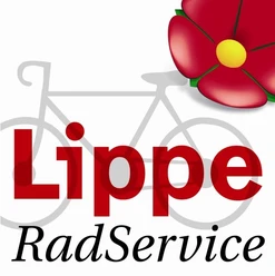 RadService-Station Logo der RadService-Station Lippe mit roter Blume, gelbem Kreis und grauem Fahrrad im Hintergrund.