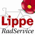 RadService-Station Logo der RadService-Station Lippe mit roter Blume, gelbem Kreis und grauem Fahrrad im Hintergrund.