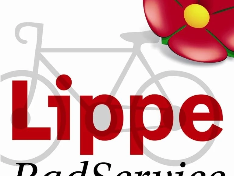 RadService-Station Logo der RadService-Station Lippe mit roter Blume, gelbem Kreis und grauem Fahrrad im Hintergrund.