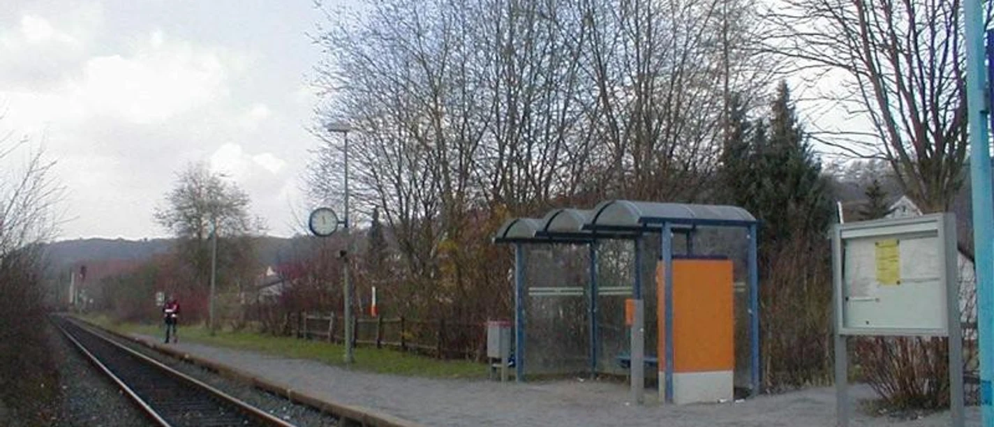 Bahnhof Westheim Kleiner Bahnhof mit einfachem Bahnsteig, Wartehäuschen, Gleisen und umliegenden Bäumen im Hintergrund.