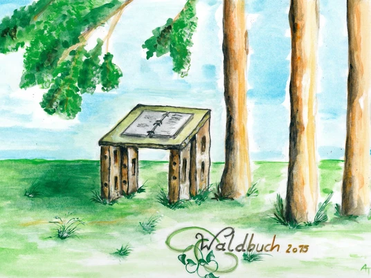 Eine Zeichnung eines offenen Buchs auf einem rustikalen Tisch, umgeben von Bäumen im Hintergrund.