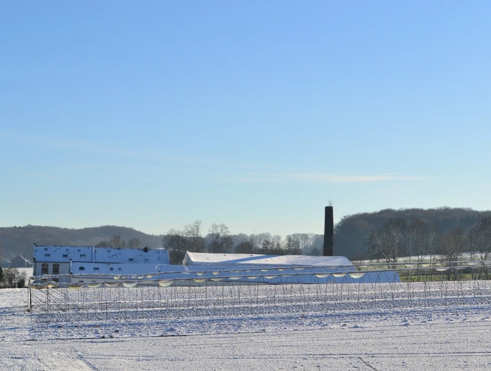 Schneebedeckte Felder mit bäuerlichen Gebäuden und einem Schornstein. Winterlandschaft unter blauem Himmel.
