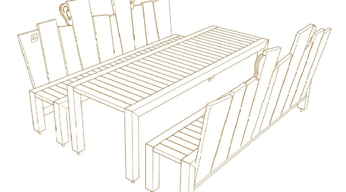 Linienzeichnung eines outdoor Esstisch-Sets mit hohen Stühlen; skandinavisches Design.