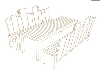 Skizze Ruheplatz "Hören" Linienzeichnung eines outdoor Esstisch-Sets mit hohen Stühlen; skandinavisches Design.