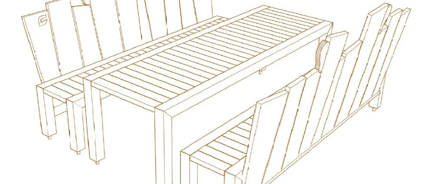 Skizze Ruheplatz "Hören" Linienzeichnung eines outdoor Esstisch-Sets mit hohen Stühlen; skandinavisches Design.