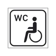 Toilette mit Behinderten-WC Symbol eines Rollstuhls neben "WC" auf einem quadratischen Schild. Zugang für Menschen mit Behinderungen.