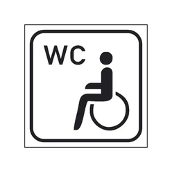Toilette mit Behinderten-WC Rollstuhlgerechtes WC-Symbol auf quadratischem Schild für barrierefreien Toilettenzugang.