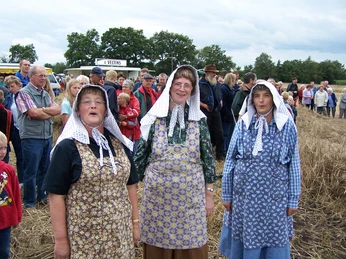 Alte Trachten Drei Frauen in traditionellen, farbenfrohen Trachten mit Kopftüchern stehen auf einem Feld bei einem Volksfest, umgeben von Menschen.